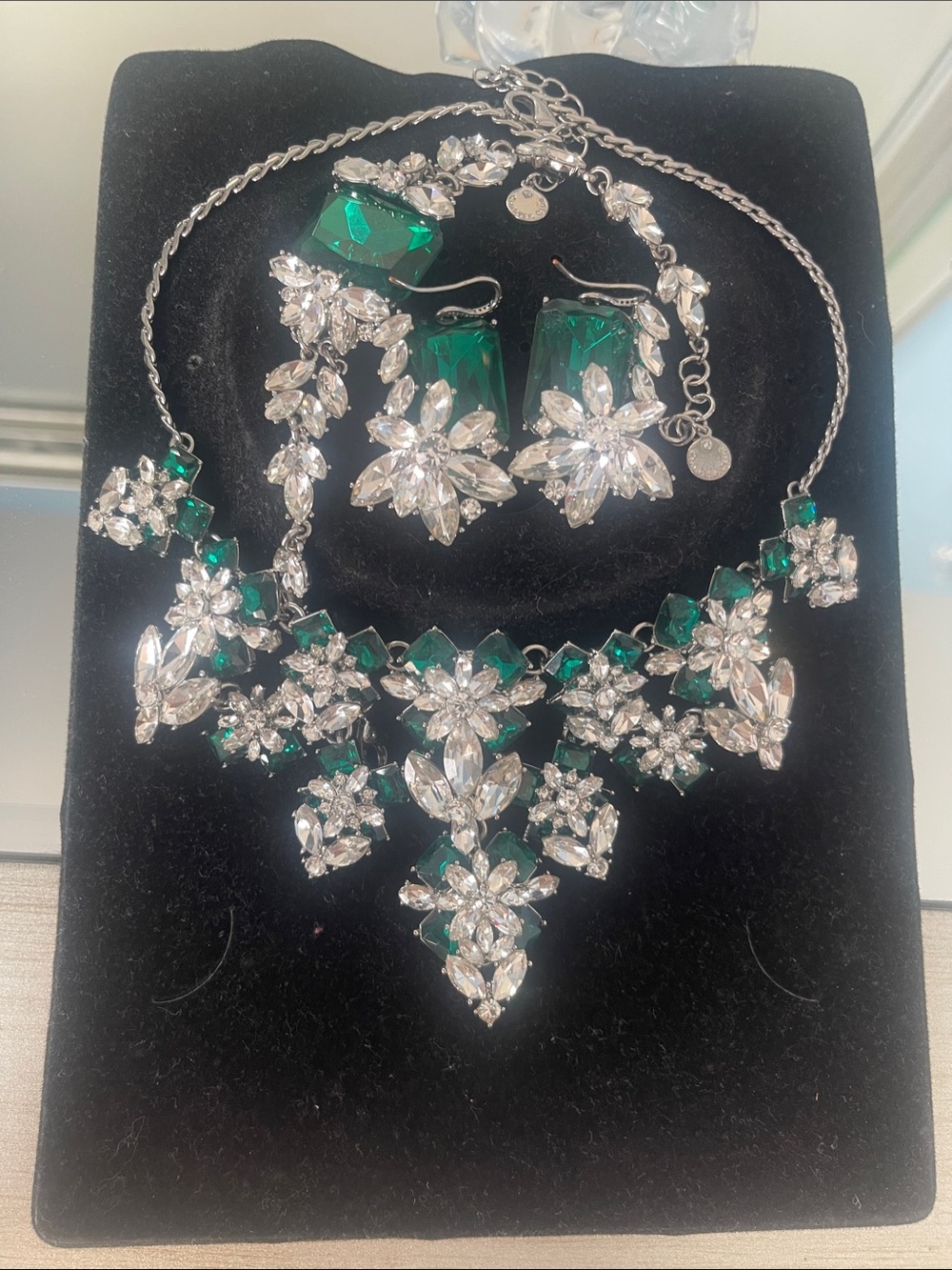 Charter Club Emerald and Clear Crystal Floral Bib Necklace with Drop Earrings